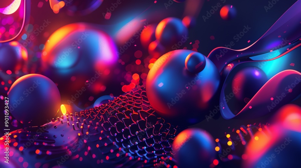 Poster abstract colorful background with 3d shapes and lighting effects.