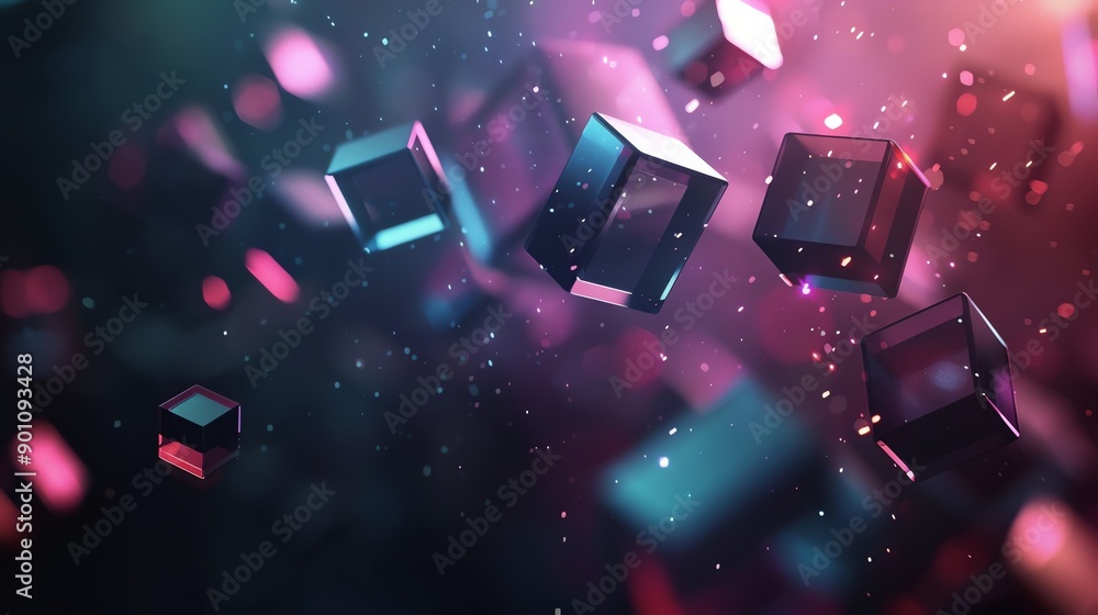 Poster a 3d rendering of glowing neon cubes in a dark, abstract space.