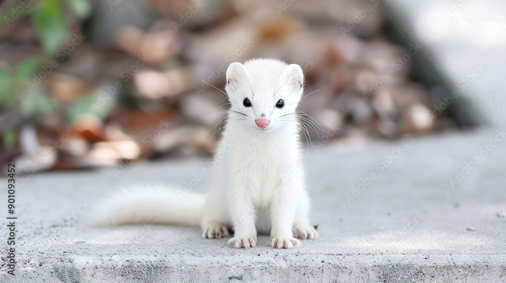 Sticker a small white ferret atop a cement slab amidst a rocky, plant-filled background