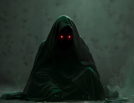 A dark, hooded figure with glowing red eyes shrouded in mist, creating an eerie and mysterious atmosphere.