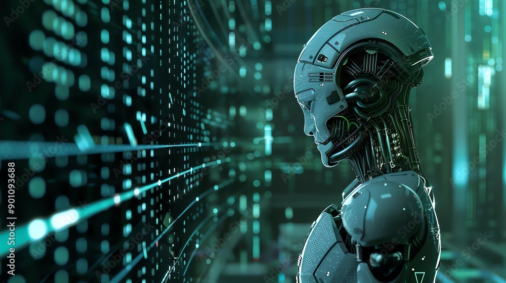 Poster a humanoid robot stands in front of a screen with green digital code.