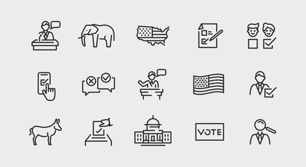 Voting and politics icons. Large set of voting and politics minimal icons. Candidate, Elephant, USA Map, Checkmark icon. Design signs for web page, mobile app, packaging design. Vector illustration