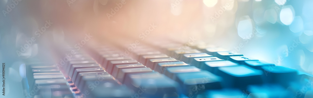 Poster abstract blurred close-up of a modern computer keyboard with blue and orange lighting, representing 