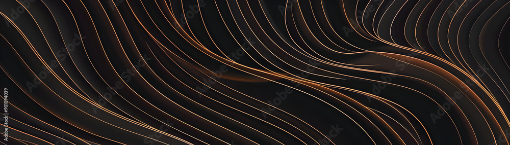 Poster abstract dark wavy lines with golden accents on a black background, creating an elegant and modern d