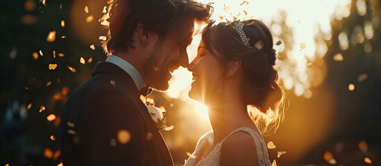 A happiness moment during a wedding where confetti is caught mid air
