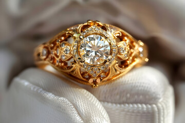 Naklejka premium Close-up of an ornate gold ring with a large central diamond and intricate detailing, elegantly displayed on a plush fabric.
