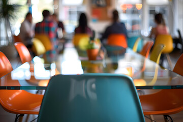 Fototapeta premium Colorful modern cafeteria with a glass table, vibrant chairs, and people in the background, creating a lively dining atmosphere.