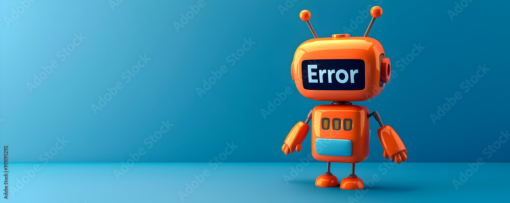 Wall mural cute orange robot displaying the message 'error'. concept of technology malfunction and programming 