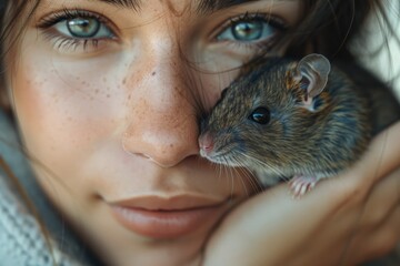 intimate portrait of a young woman cuddling with her pet rat