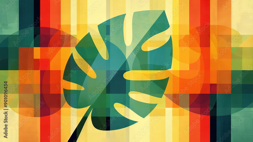 Poster a painting of a green leaf on a multicolored checkered background with a yellow rectangle in the bac