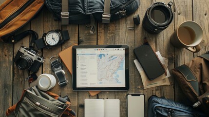 Digital Wanderlust Organizing Your Next Adventure with a Sleek Travel Itinerary Planner and Minimalist Gear on Wooden Table