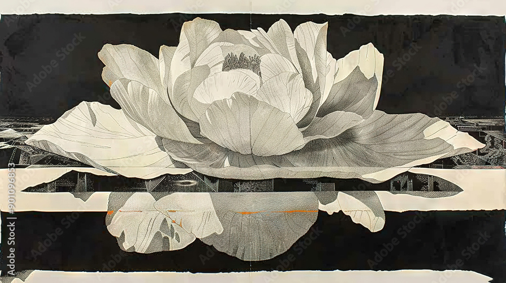 Poster a monochrome image of a flower against a monochromatic background with a reflections of the bloom in