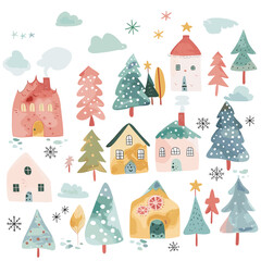 Cute watercolor winter village illustration with houses and trees.