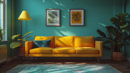 A mid-century modern living room with a mustard yellow sofa against a teal accent wall, paired with...