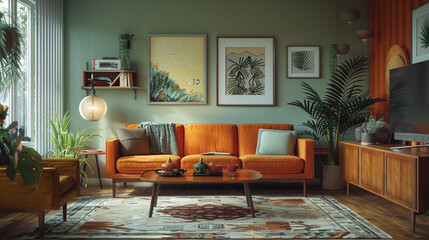 A mid-century modern living room with retro furniture, bold color accents, and a mix of vintage and...