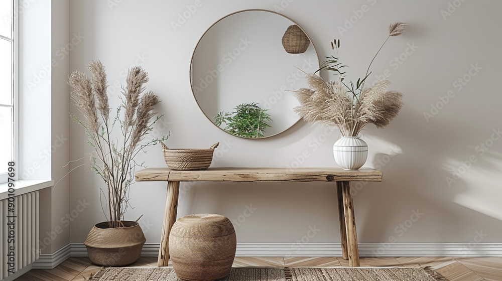 Poster a minimalist entryway with a round, frameless mirror above a console table, reflecting light and add