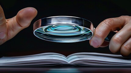 A visually impaired person uses a magnifying glass to read. Focused on the magnifying glass.