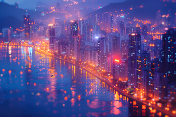 Fototapeta premium City skyline at night reflecting on water with glowing lights, creating a picturesque urban landscape.