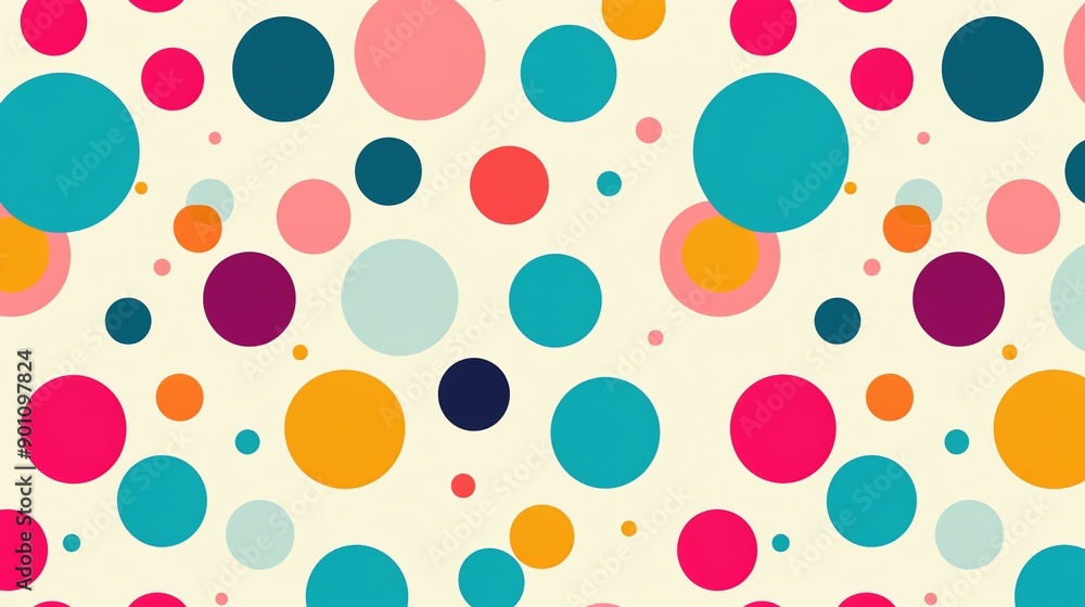 Poster a pattern of colorful polka dots on a light background.