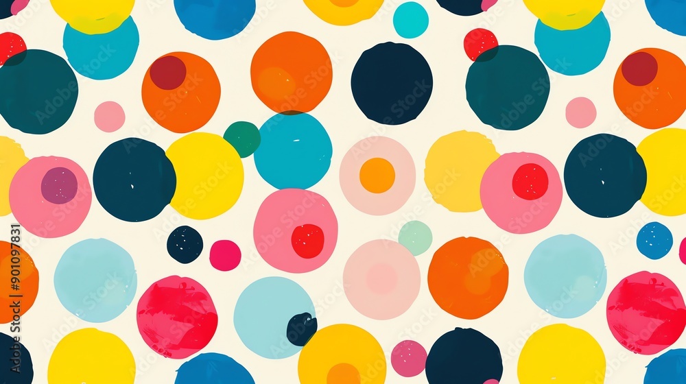 Poster an abstract pattern of colorful circles on a white background.