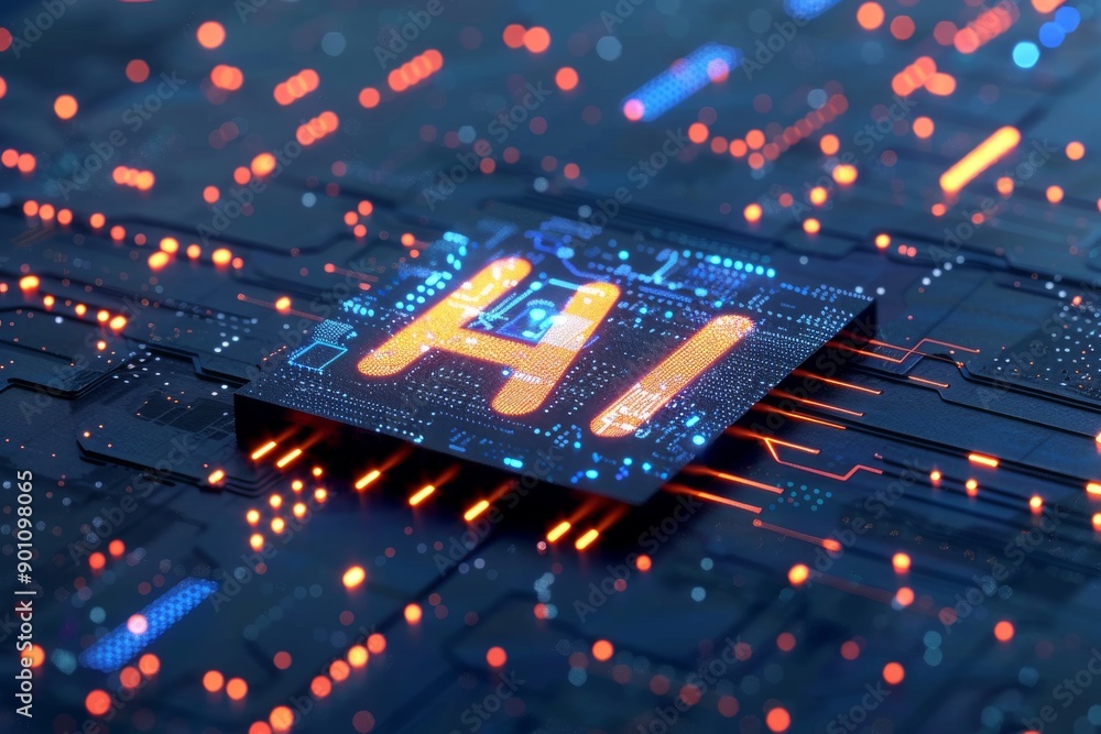 Poster ai chip on a circuit board representing advanced artificial intelligence technology