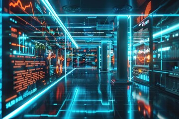 Futuristic server room with glowing screens displaying data and graphs