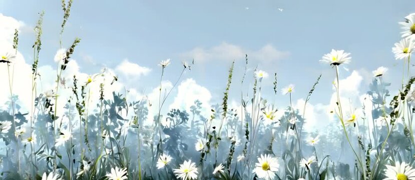Anime illustration of chamomile field as nature background.