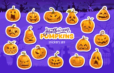 Halloween holiday pumpkin stickers on horror cemetery vector background. Cartoon jack o lantern characters with cute faces, evil, spooky and happy smiles. Halloween autumn orange pumpkin vegetables