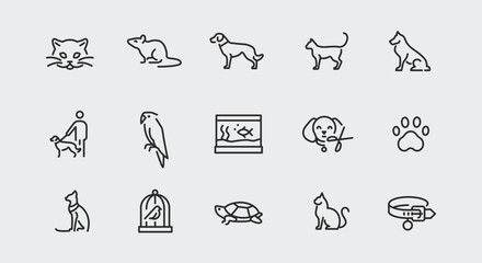 Pets and animals icons. Large set of pets and animals trendy minimal icons. Example: Cat, Dog, Fish Tank, Paw Print icon. Design signs for web page, mobile app, packaging design. Vector illustration