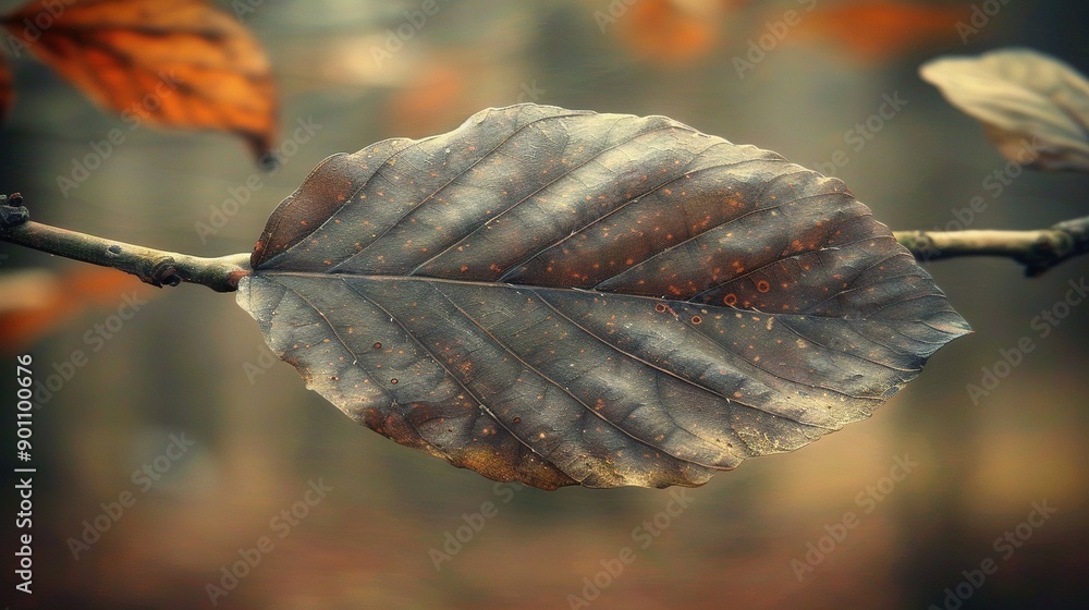 Poster a close-up of a leaf on a tree branch with a blurry background of leaves in the foreground