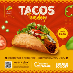 Tacos tuesday Mexican food square web banner social media template