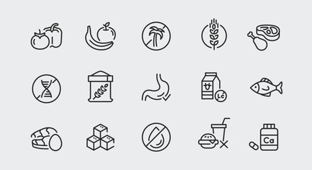 Fototapeta premium Nutrition and dietary icons. Large set of nutrition and dietary trendy minimal icons. Vegetables, Fruits, Meat icon. Design signs for web page, mobile app, packaging design. Vector illustration
