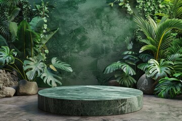 Green Marble Pedestal with Lush Tropical Foliage