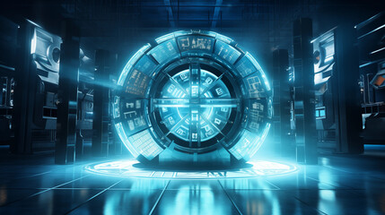 Obraz premium Strange money vault door made entirely of holographic digital numbers and symbols, against a futuristic backdrop