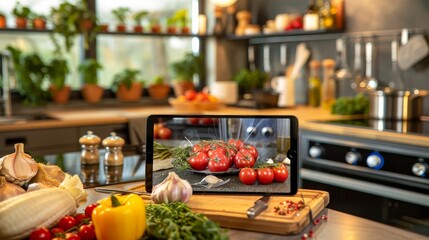 Savoring Italy Live Cooking Class on Tablet with Fresh Ingredients and Rustic Utensils