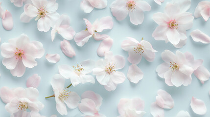 a seamless pattern of scattered cherry blossom petals on a pale blue background. closeup texture of soft petals in various angles and positions.