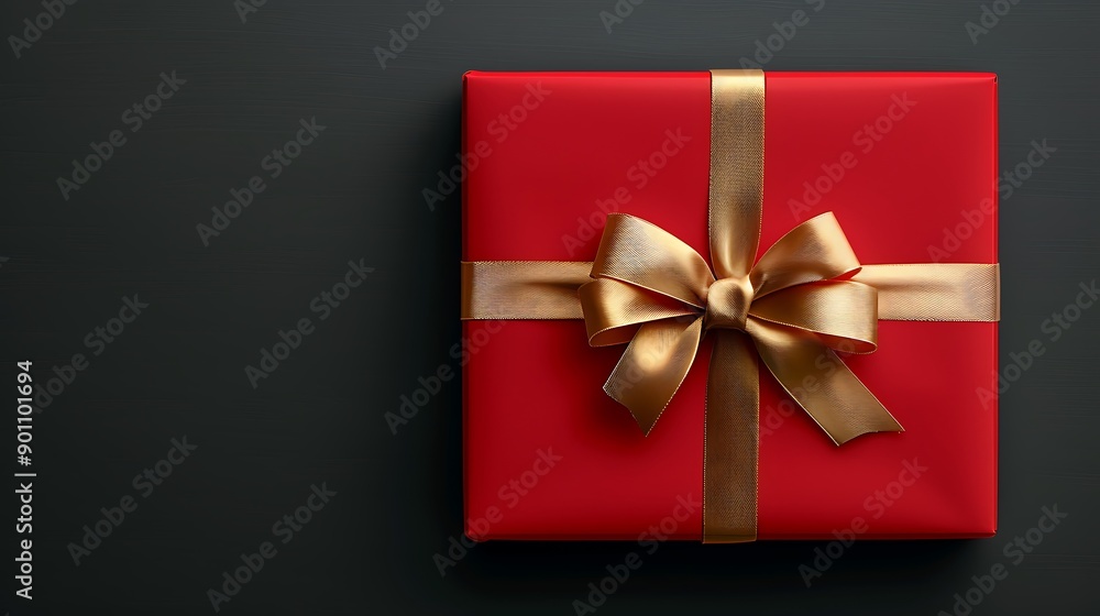 Poster a top view of an elegant red gift box with gold ribbon, centered on dark background. the box is ador