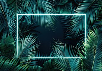 Green Neon Tropical Leaves with Dark Background, Tropical leaves illuminated by green neon lights frame a dark background, creating a vibrant and modern design for graphic projects.
