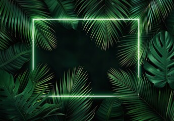 Green Neon Tropical Leaves with Dark Background, Tropical leaves illuminated by green neon lights frame a dark background, creating a vibrant and modern design for graphic projects.
