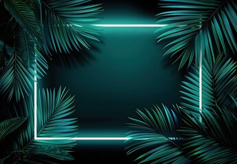 Fototapeta premium Green Neon Tropical Leaves with Dark Background, Tropical leaves illuminated by green neon lights frame a dark background, creating a vibrant and modern design for graphic projects. 