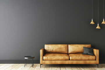 Minimalist gray wall background with leather sofa and pendant lamps, empty space for mockup or design presentation, modern interior in brown color scheme.