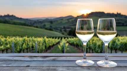 Two glasses of white wine on an old wooden table in front of the vineyard at sunset, with a blurred background of green grape vines and hills and the sun setting behind them. The focus is centered
