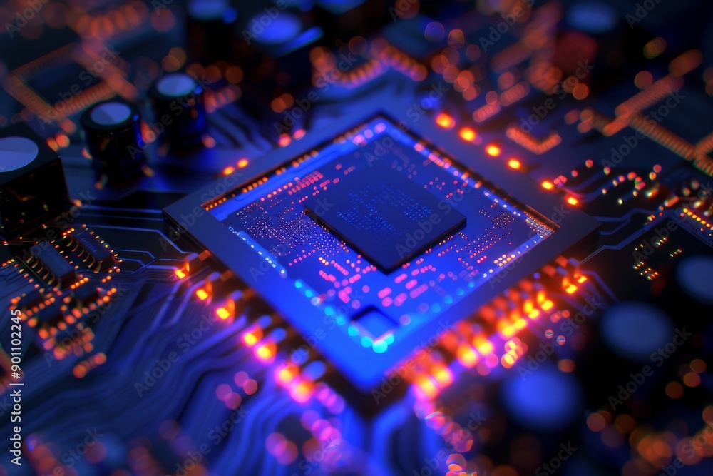 Aufkleber high tech circuit board with glowing components representing modern electronics