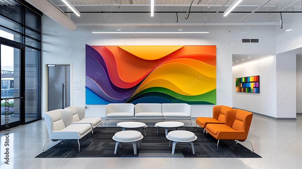 Aufkleber A vibrant and colorful backdrop wall in an office waiting area, featuring bold geometric shapes with flowing curves of rainbow colors. The walls have smooth, curved lines that create depth and