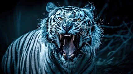 Obraz premium Majestic White Tiger with Black Stripes in Aggressive Stance: Blue Aura and Glowing Orange Eyes