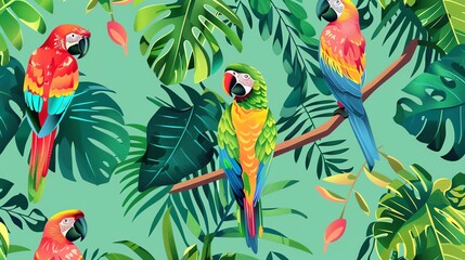 Fototapeta premium A colorful seamless pattern of tropical birds and foliage.
