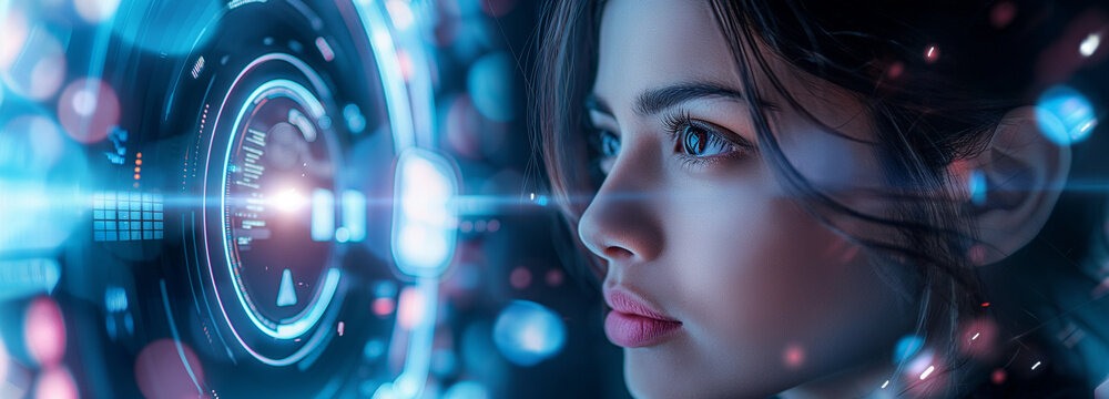 woman's face looking at futuristic interface with data and holographic images on digital screen. High-tech environment using virtual reality technology for research or business work - Powered by Adobe