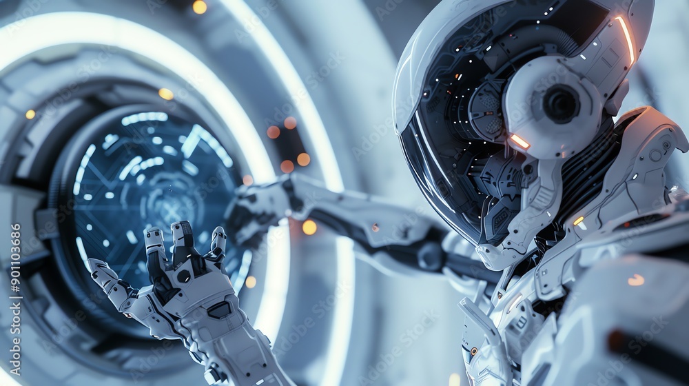 Poster a white robot in a futuristic setting reaches out with its hand towards a glowing blue panel.