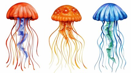 A delicate watercolor painting showcasing an isolated jellyfish, capturing its fluid form and vibrant colors in a serene setting.
