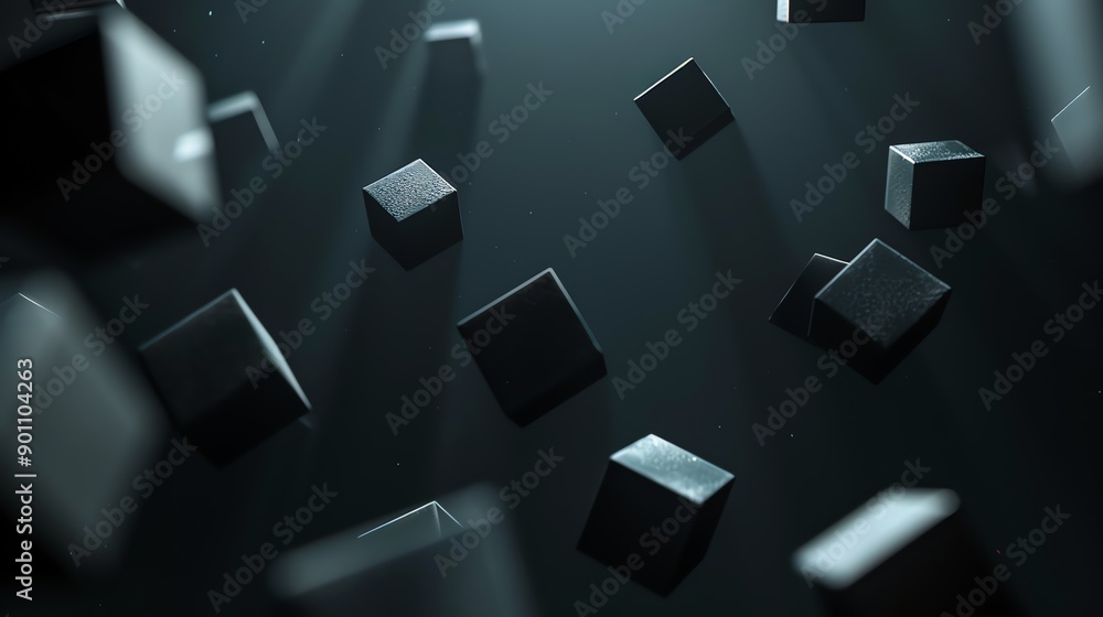 Poster 3d render of black cubes floating in a dark room.